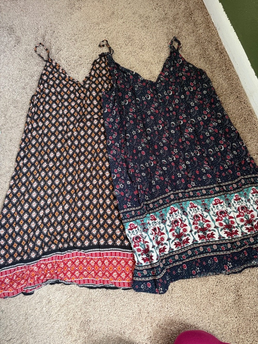 TWO Boho Floral & Geo Print Slip Dresses - Black Multi